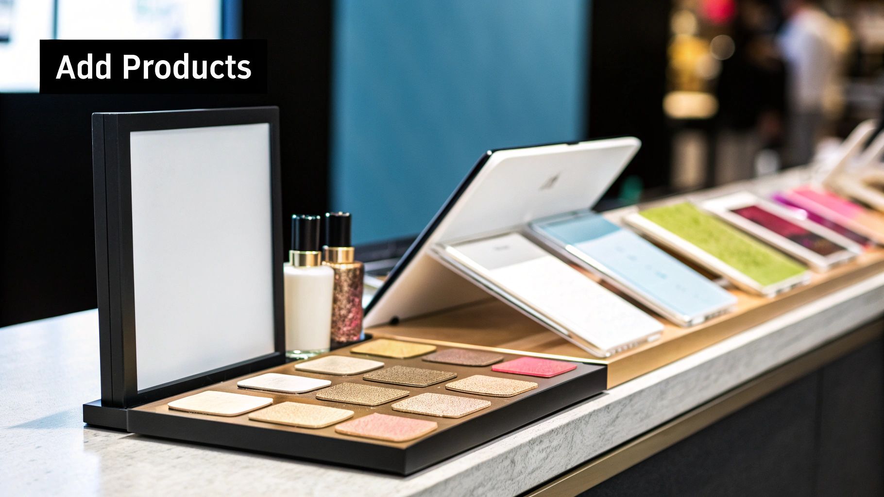 How to Build a Shopify Store – Adding Products Makeup products displayed with digital devices for online store setup – How to Build a Shopify Store