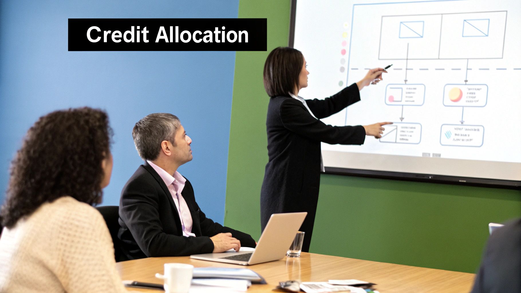 Businesswoman presenting a flowchart on a digital screen to colleagues in a meeting room, with the words "Credit Allocation" overlaid.