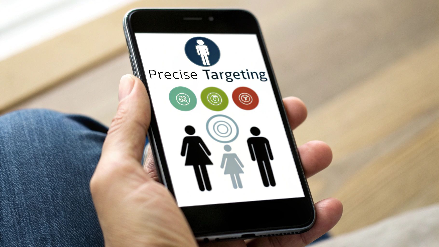 Precise Targeting and Advantages of Social Media Advertising Advantages of Social Media Advertising – precise targeting concept displayed on smartphone screen.
