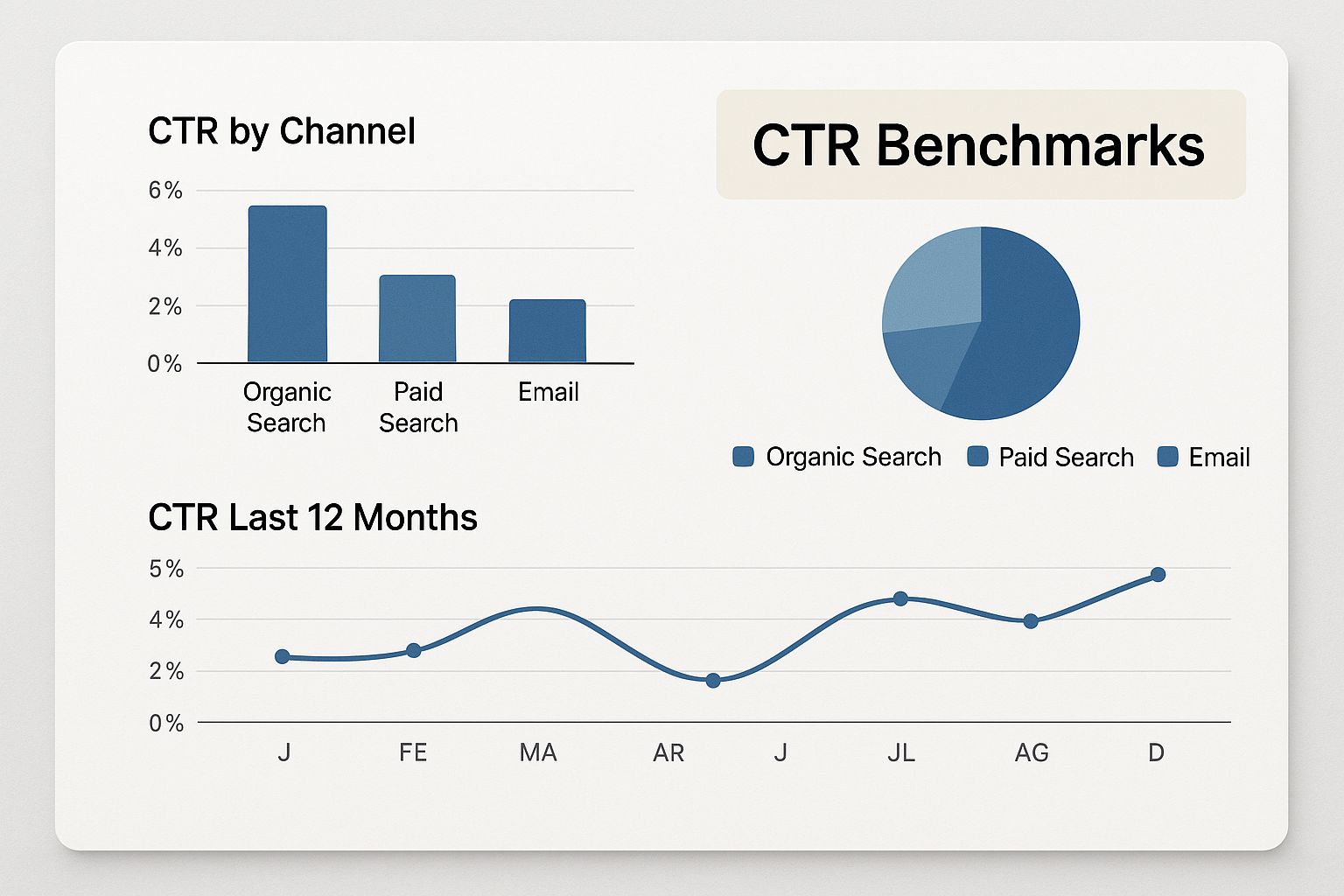 CTR by Channel Insights – What Is a Good CTR Rate for Organic, Paid, and Email CTR by channel chart comparing organic search, paid search, and email performance – explaining What Is a Good CTR Rate.