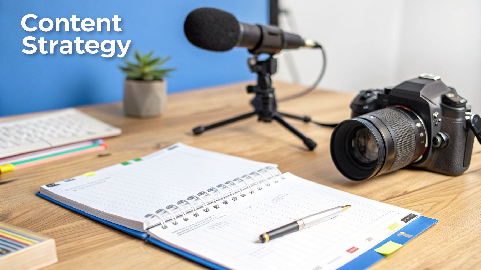 Website Marketing Content Strategy Website Marketing content strategy setup with camera microphone and planner