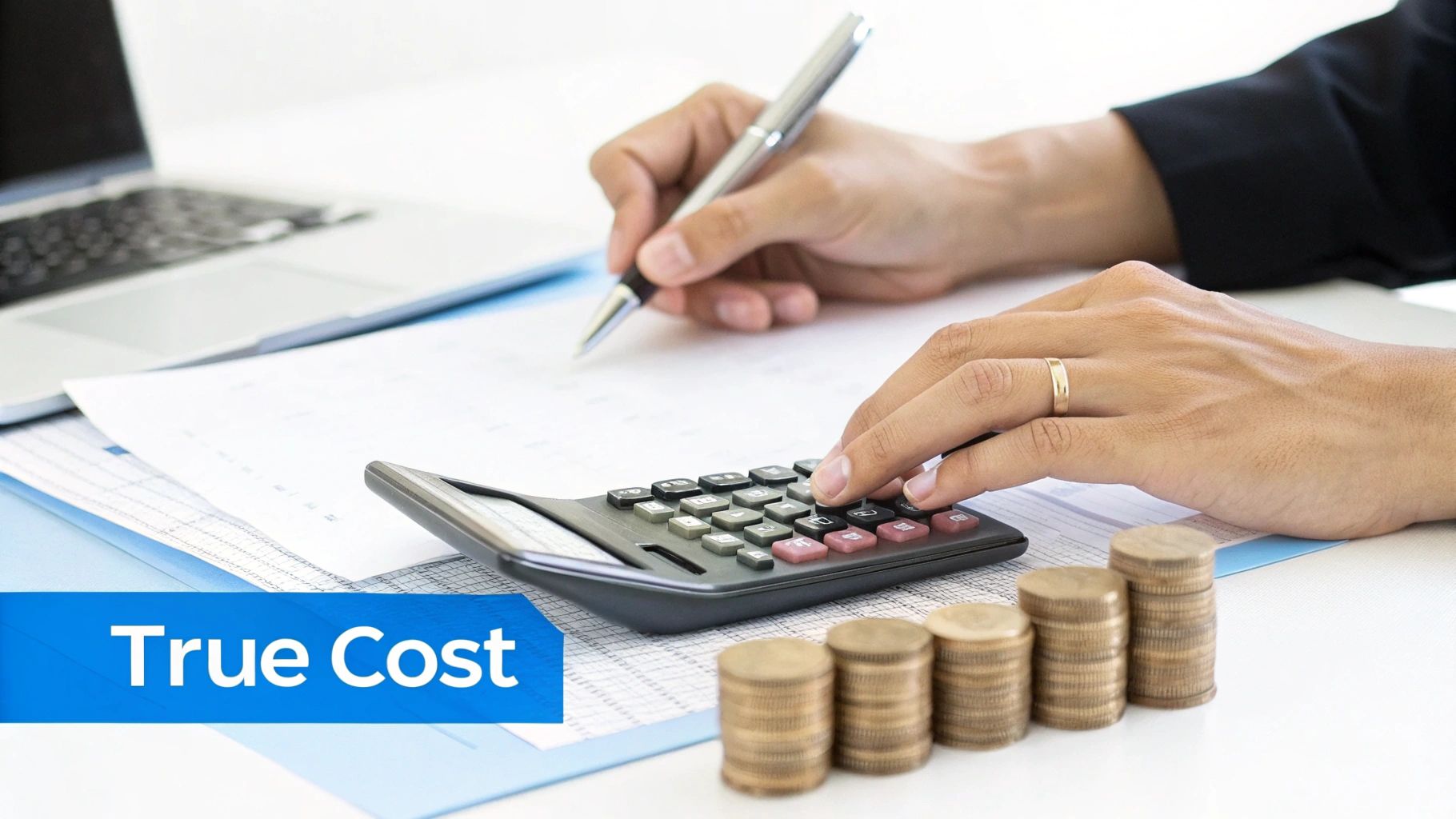 Marketing Agency Vs In House Team true cost analysis Marketing Agency Vs In House Team cost comparison with calculator and stacked coins representing true marketing costs