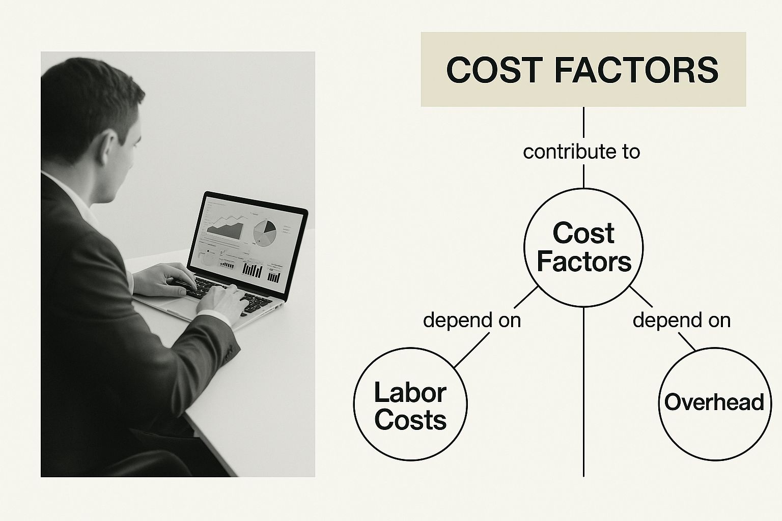 Man analysing charts on laptop with cost factors diagram showing labour and overhead linked to How Much Does Google AdWords Cost