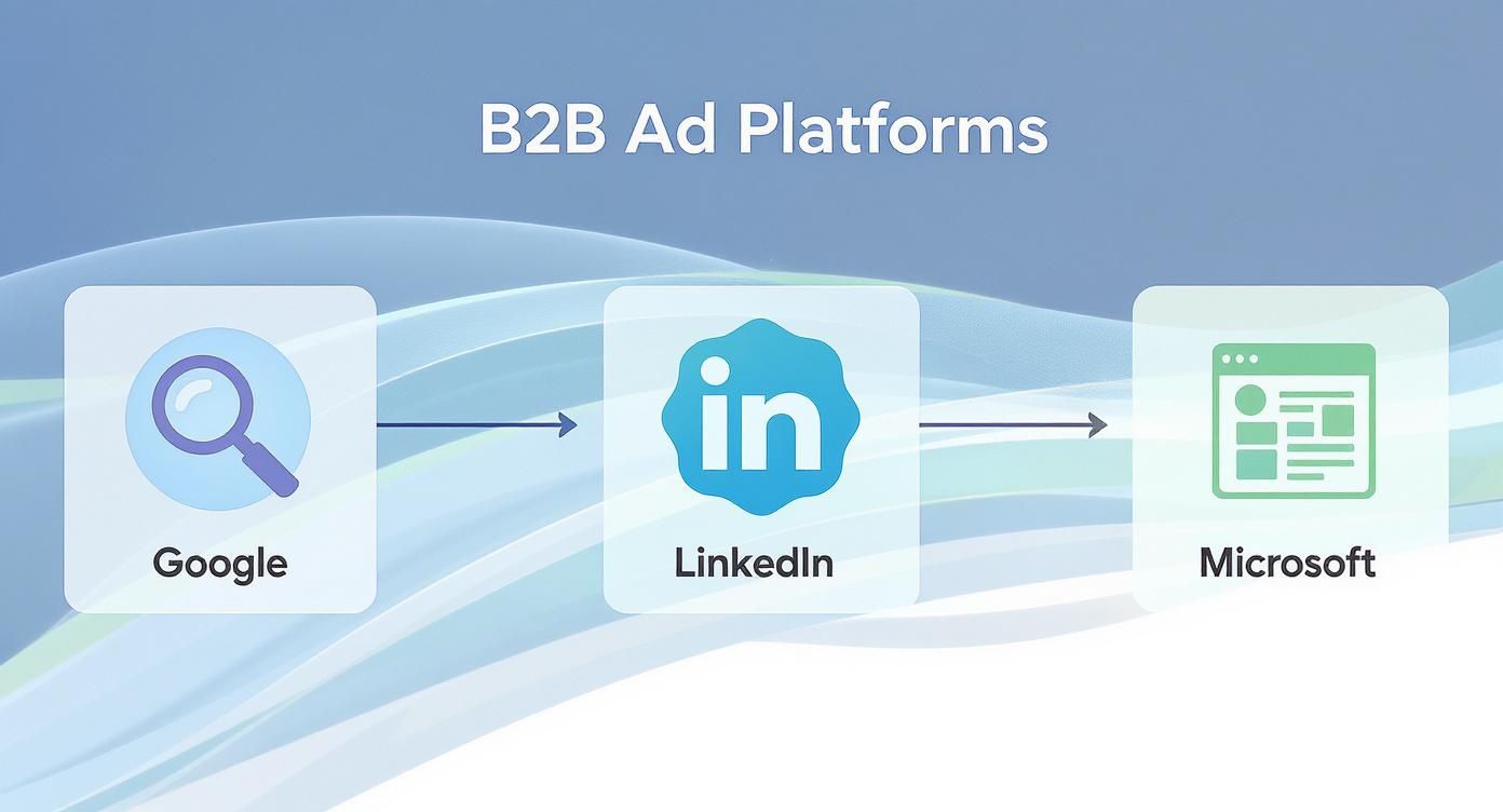 B2B PPC Advertising Strategy Ad Platforms B2B PPC Advertising Strategy diagram showing Google, LinkedIn, and Microsoft ad platforms.