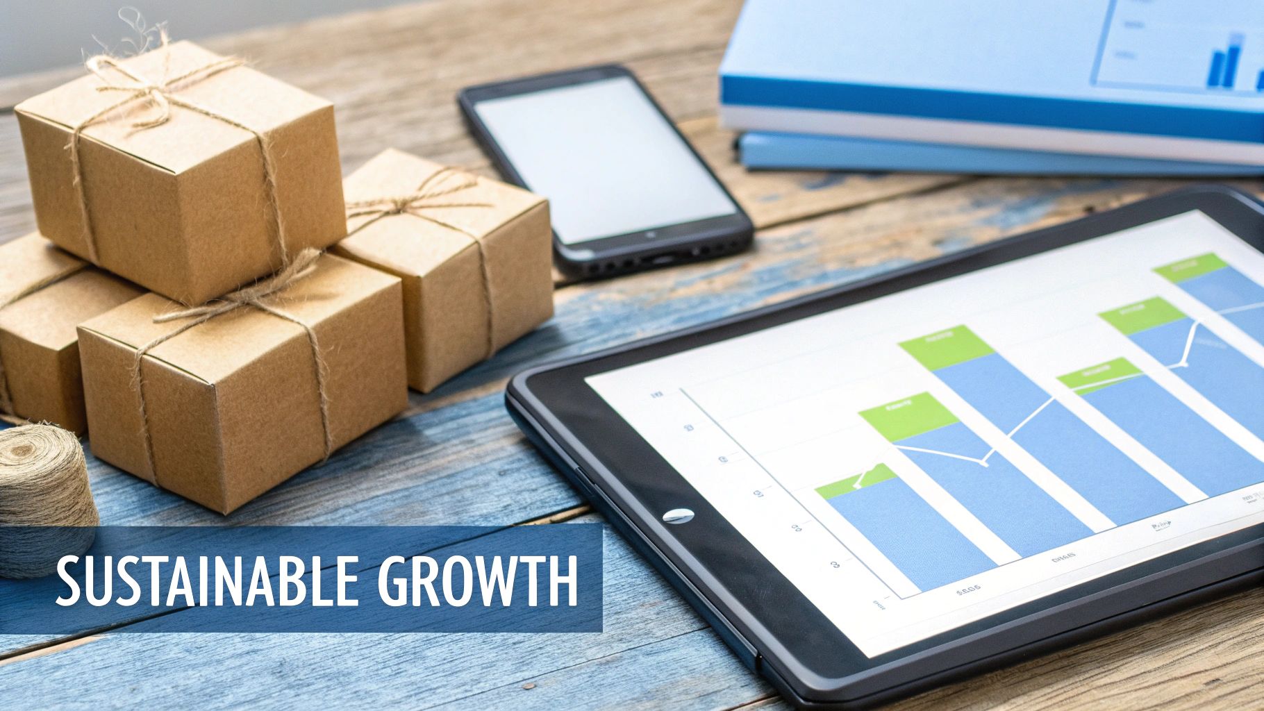 Sustainable growth concept with cardboard boxes, a tablet showing charts, and a smartphone on a wooden desk.