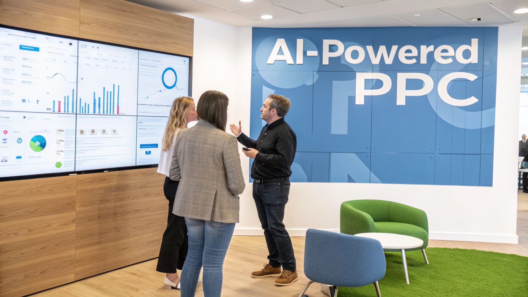 OpenAI Ad Management Strategy Meeting OpenAI Ad Management team reviewing AI-powered PPC dashboards and performance data in a collaborative workspace