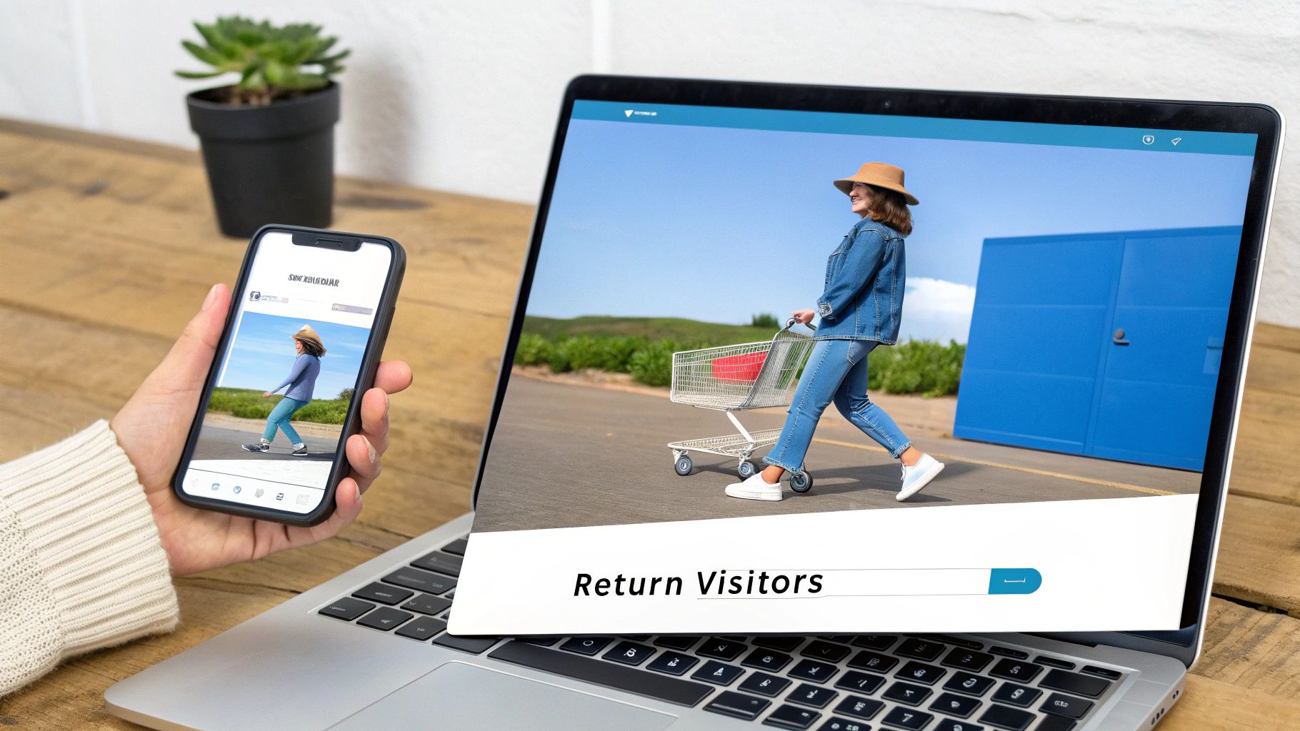A person holds a smartphone next to a laptop displaying a woman with a shopping cart and 'Return Visitors' search.