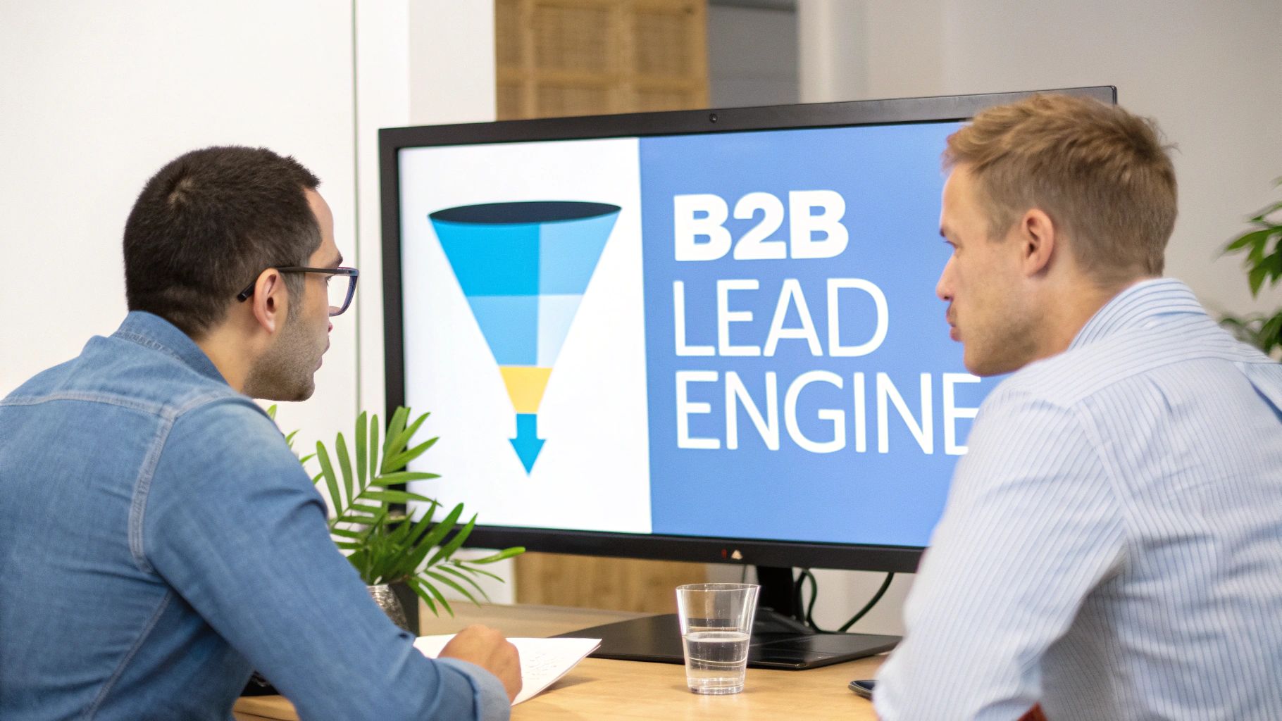 B2B Lead Engine Funnel Strategy Overview B2B Lead Engine strategy meeting showing a sales funnel and lead generation framework on screen