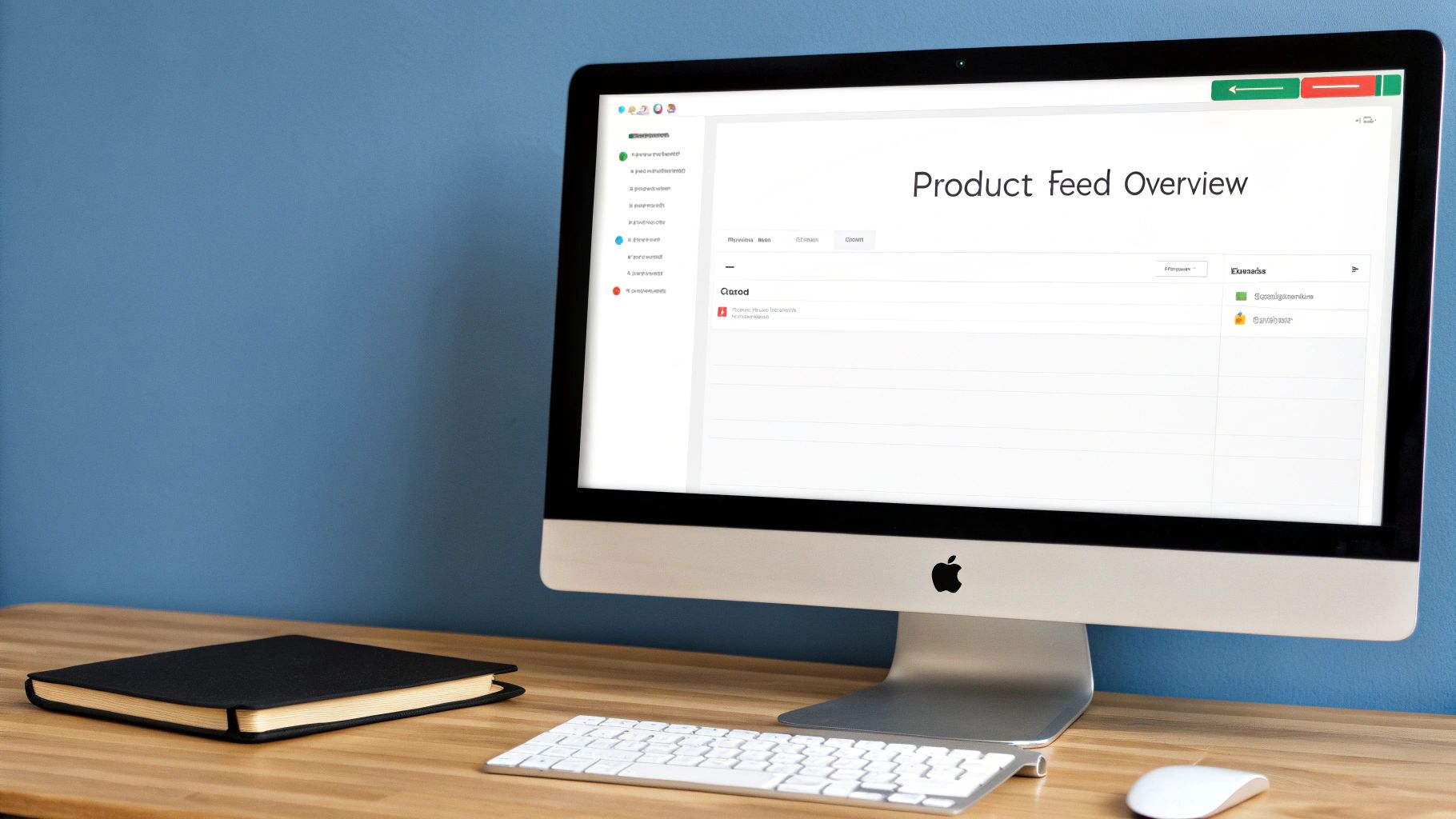 A desktop computer displaying a "Product Feed Overview" screen, likely for managing a Google Shopping Product Feed.