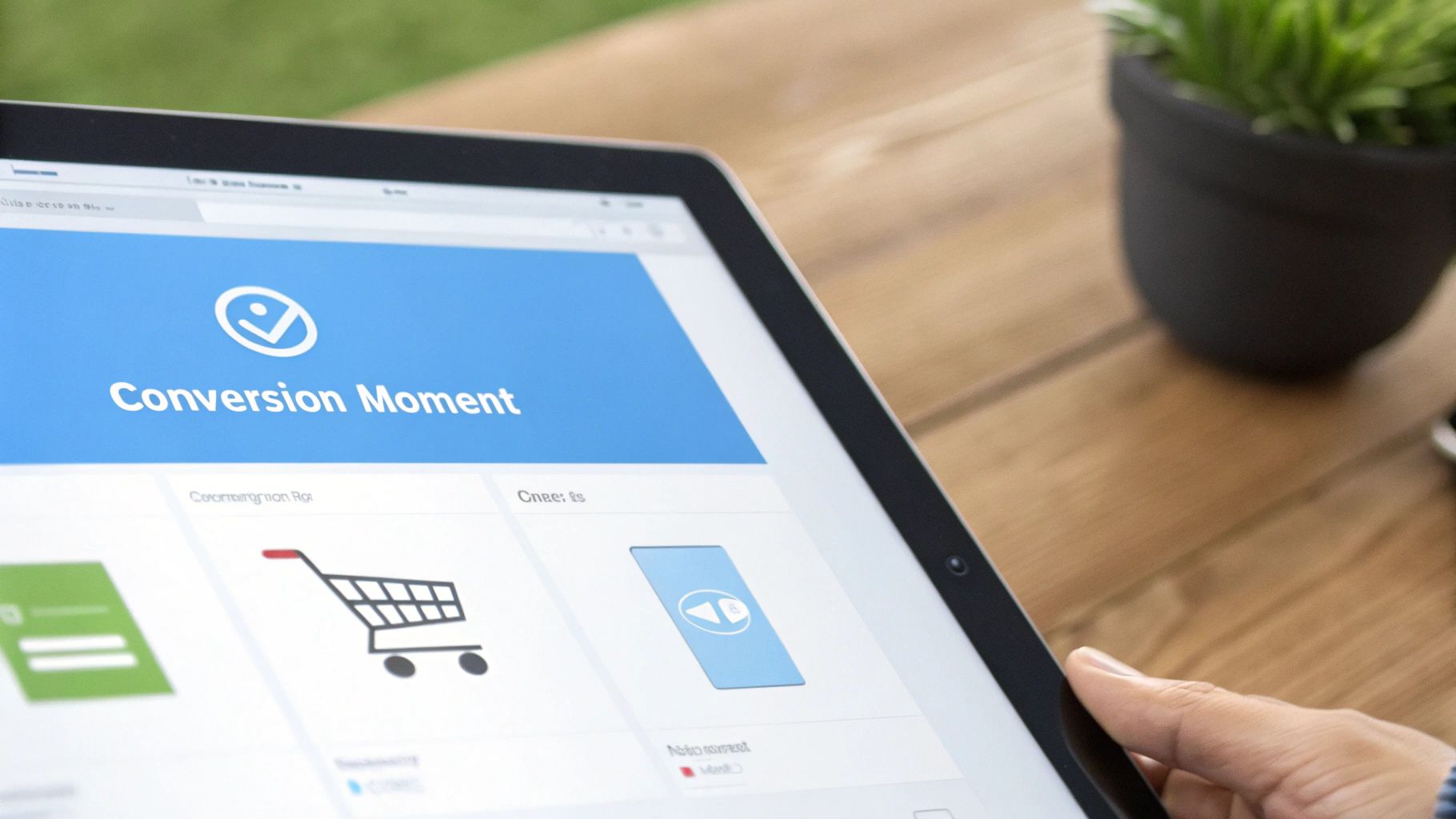 A person holds a tablet displaying a 'Conversion Moment' screen with a checkmark, shopping cart, and other icons.