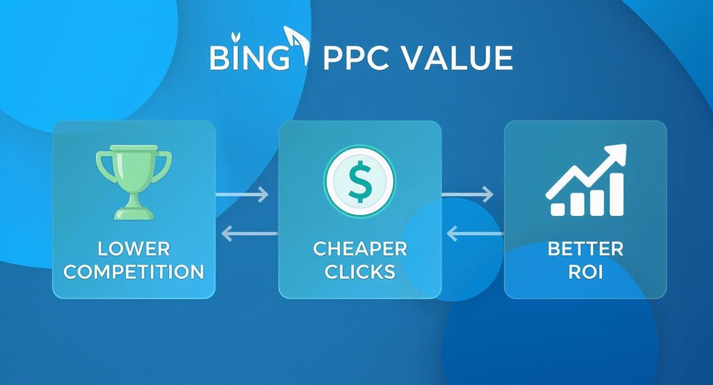 PPC Advertising Bing value showing lower competition cheaper clicks and better ROI