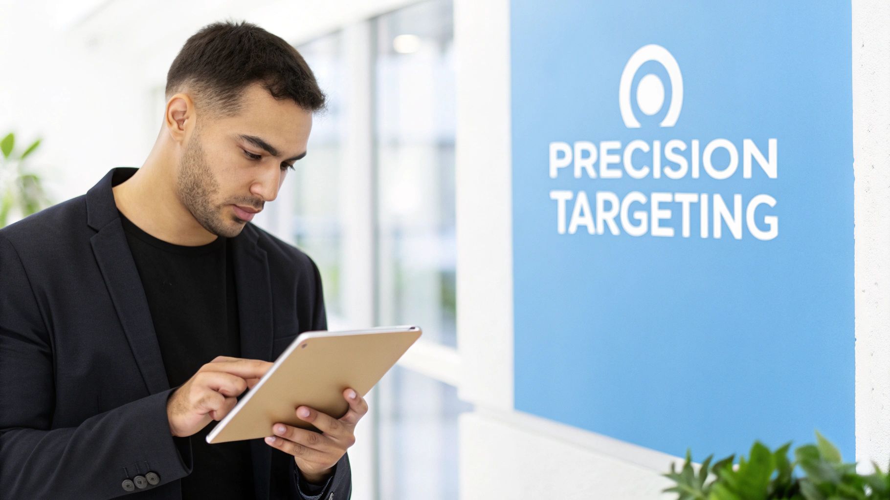 Precision Targeting in B2B PPC Advertising Strategy Professional reviewing data on tablet for B2B PPC Advertising Strategy and precision targeting.