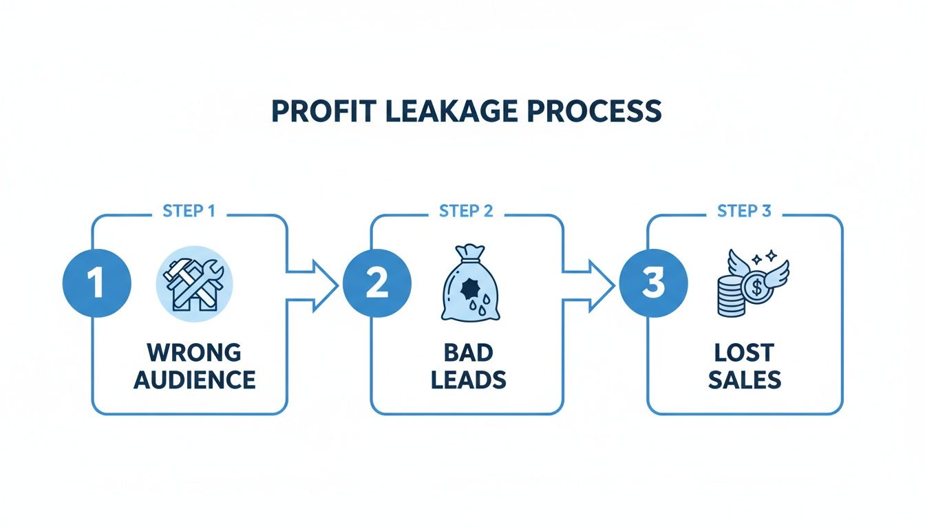 Building Supplies Marketing Profit Leakage Explained Diagram illustrating the profit leakage process: wrong audience leads to bad leads and lost sales.