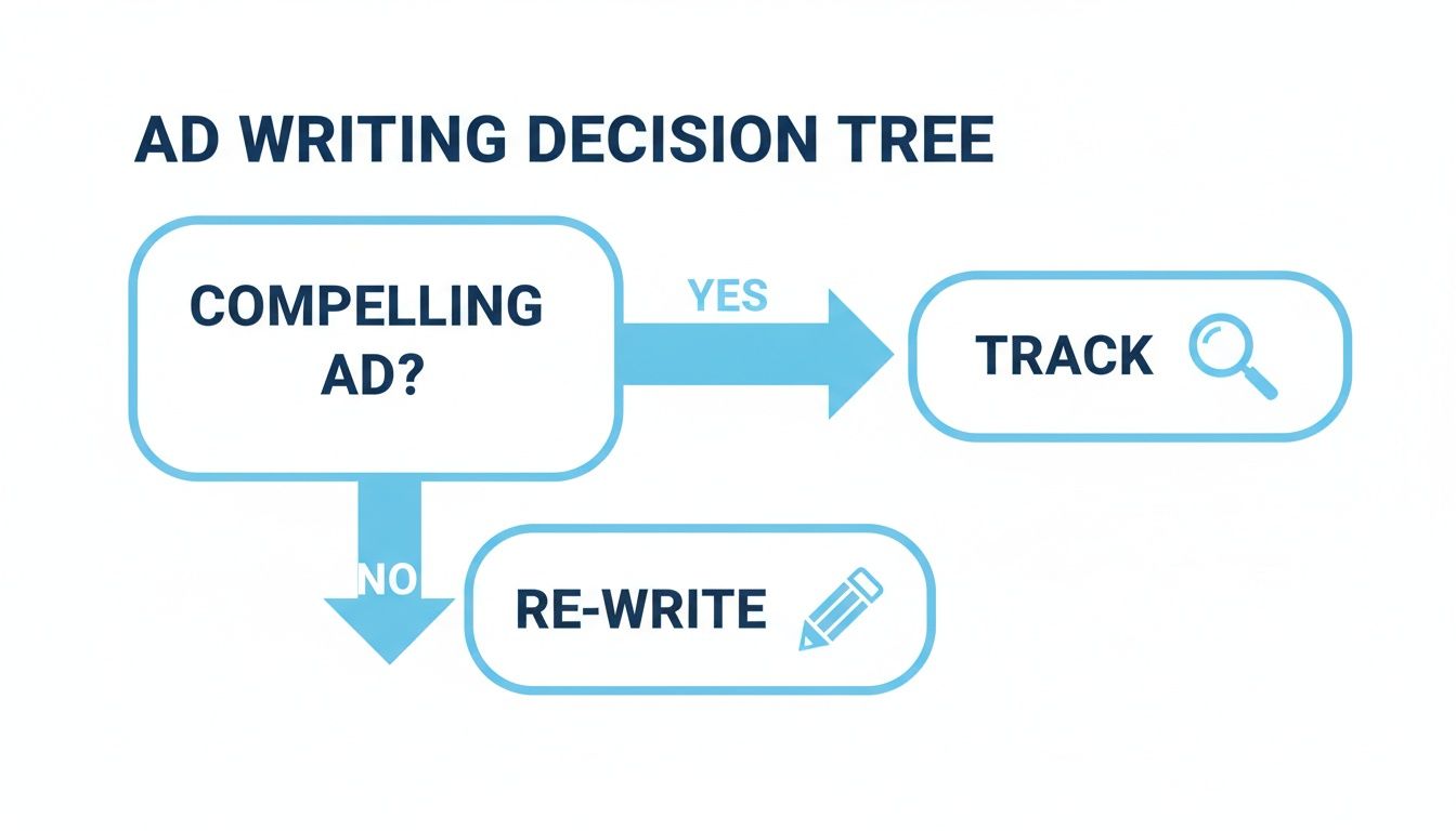 A flowchart outlining an ad writing decision tree: compelling ads are tracked, non-compelling ads are rewritten.
