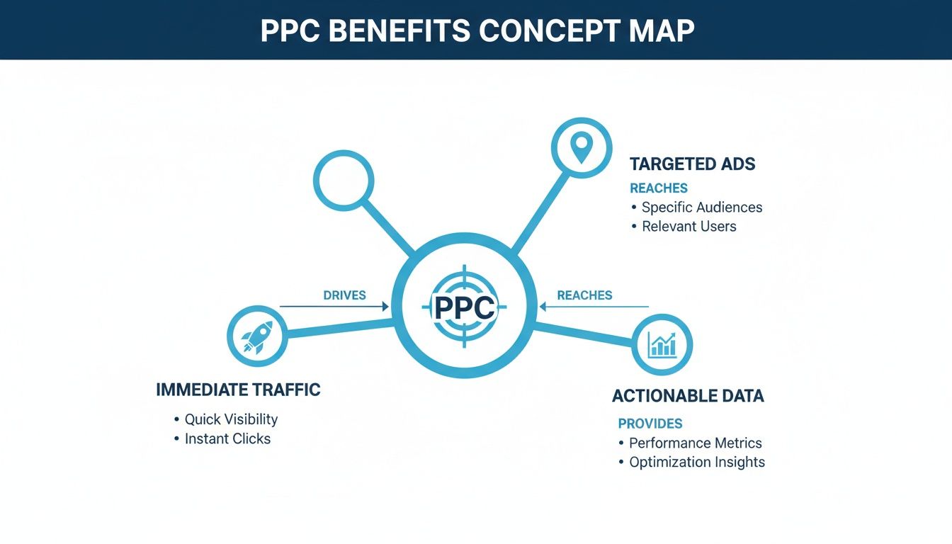 SEO PPC Services and the Benefits of PPC Advertising SEO PPC Services concept map showing PPC benefits including targeted ads, immediate traffic, and actionable data
