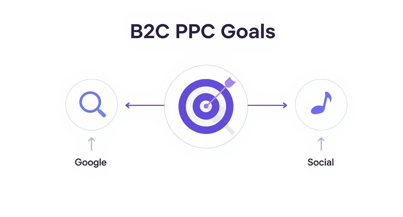 B2C PPC Goals Graphic B2C PPC goals showing Google search, target audience, and social media icons