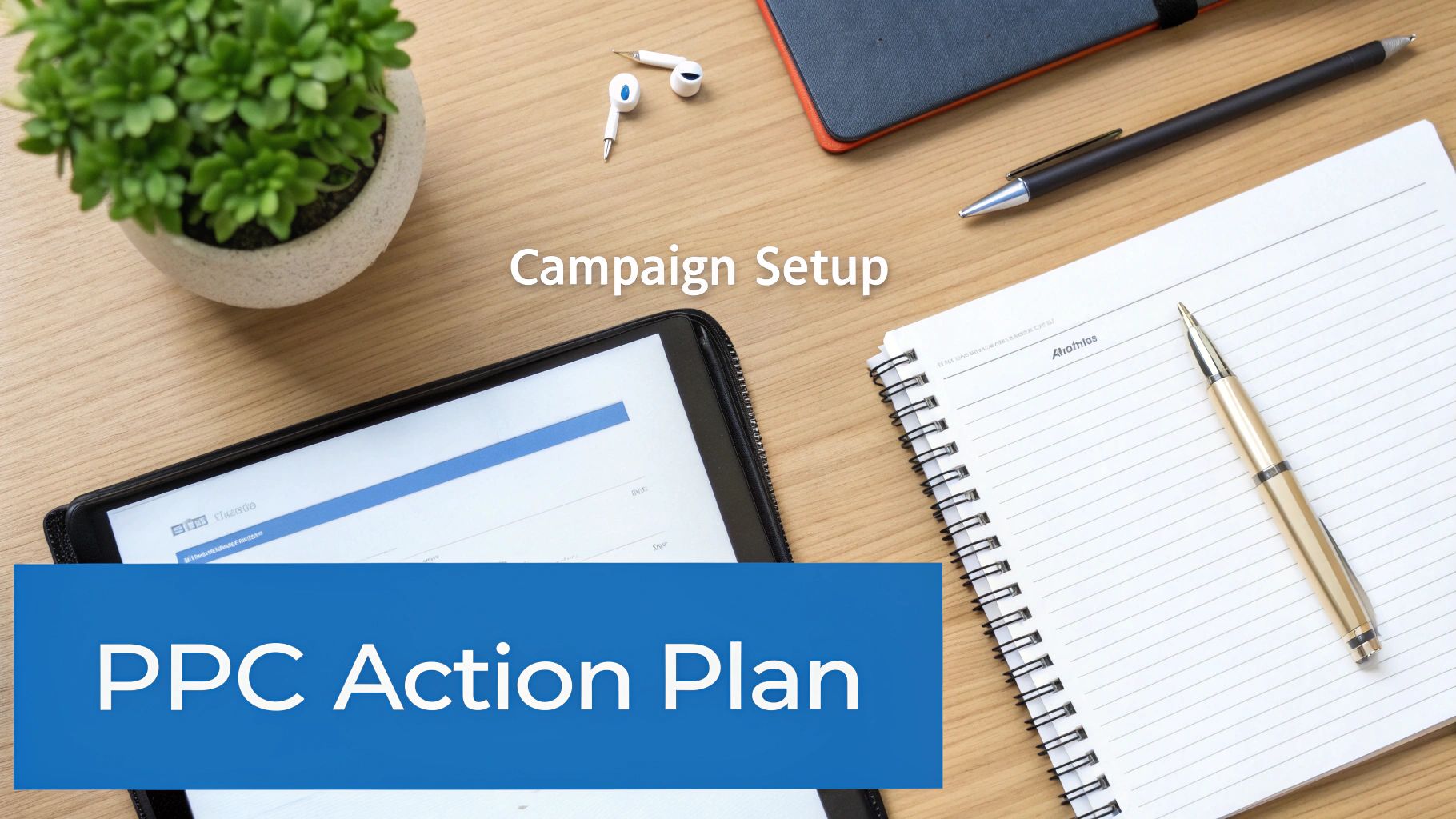 What Is Pay Per Click Marketing Campaign Setup What Is Pay Per Click Marketing campaign setup and PPC action plan on desk