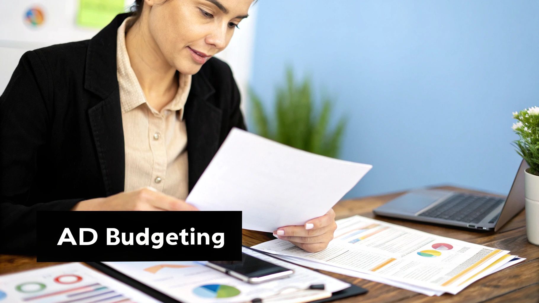 How Much Does Google PPC Cost? A professional desk setup featuring a laptop with a chart on the screen, a notebook, a phone, and a pen. The laptop screen shows "Google PPC" and a diagram explaining the various components and costs of a Google Pay-Per-Click campaign.