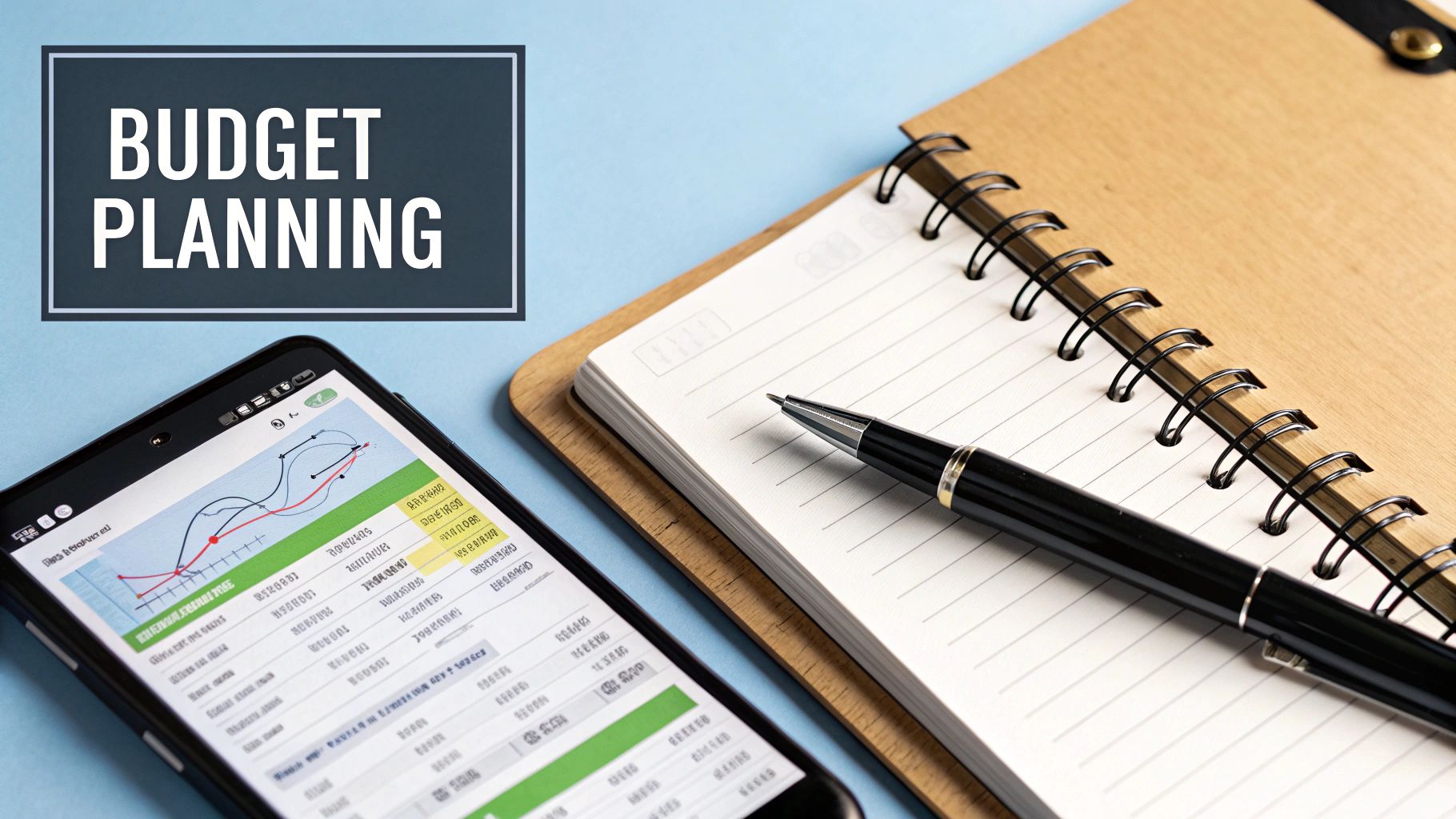Budget planning notebook and smartphone with charts showing how much does it cost for Google Ads