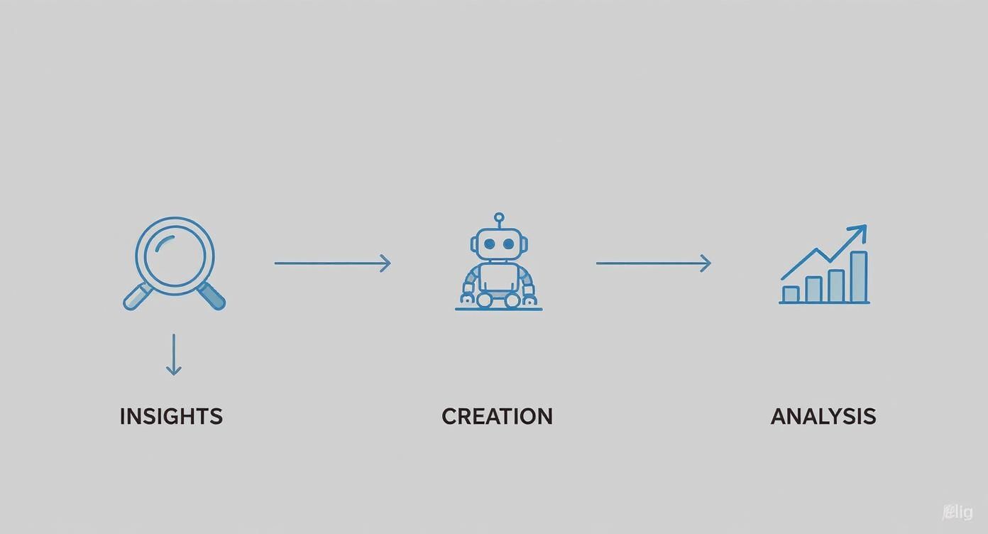 ChatGPT Campaign Agency Workflow: Insights to Analysis ChatGPT Campaign Agency process showing insights, AI creation, and performance analysis.