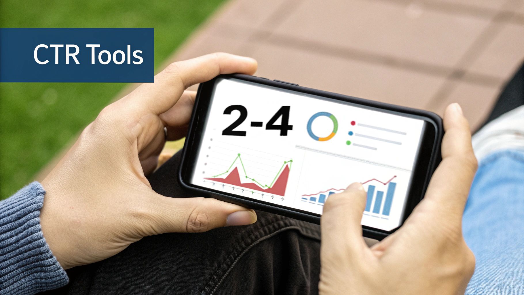 CTR Tools and Analytics – Understanding What Is a Good CTR Ratev Person using CTR tools on smartphone to measure results and find out What Is a Good CTR Rate.
