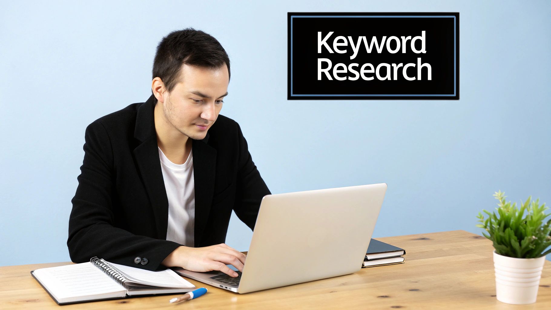 Digital marketer conducting keyword research on a laptop as part of PPC Management for Small Business.