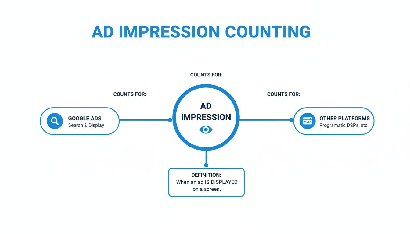 What Are Ad Impressions Explained Visually What Are Ad Impressions explained with a diagram showing how ad impressions are counted across platforms