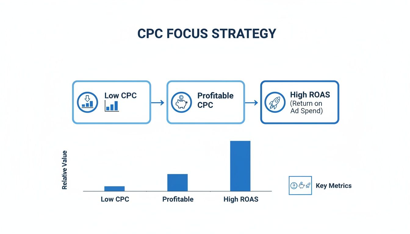 What is a good cost per click: CPC focus strategy for higher ROAS What is a good cost per click illustrated through a CPC focus strategy showing low CPC, profitable CPC, and high ROAS progression
