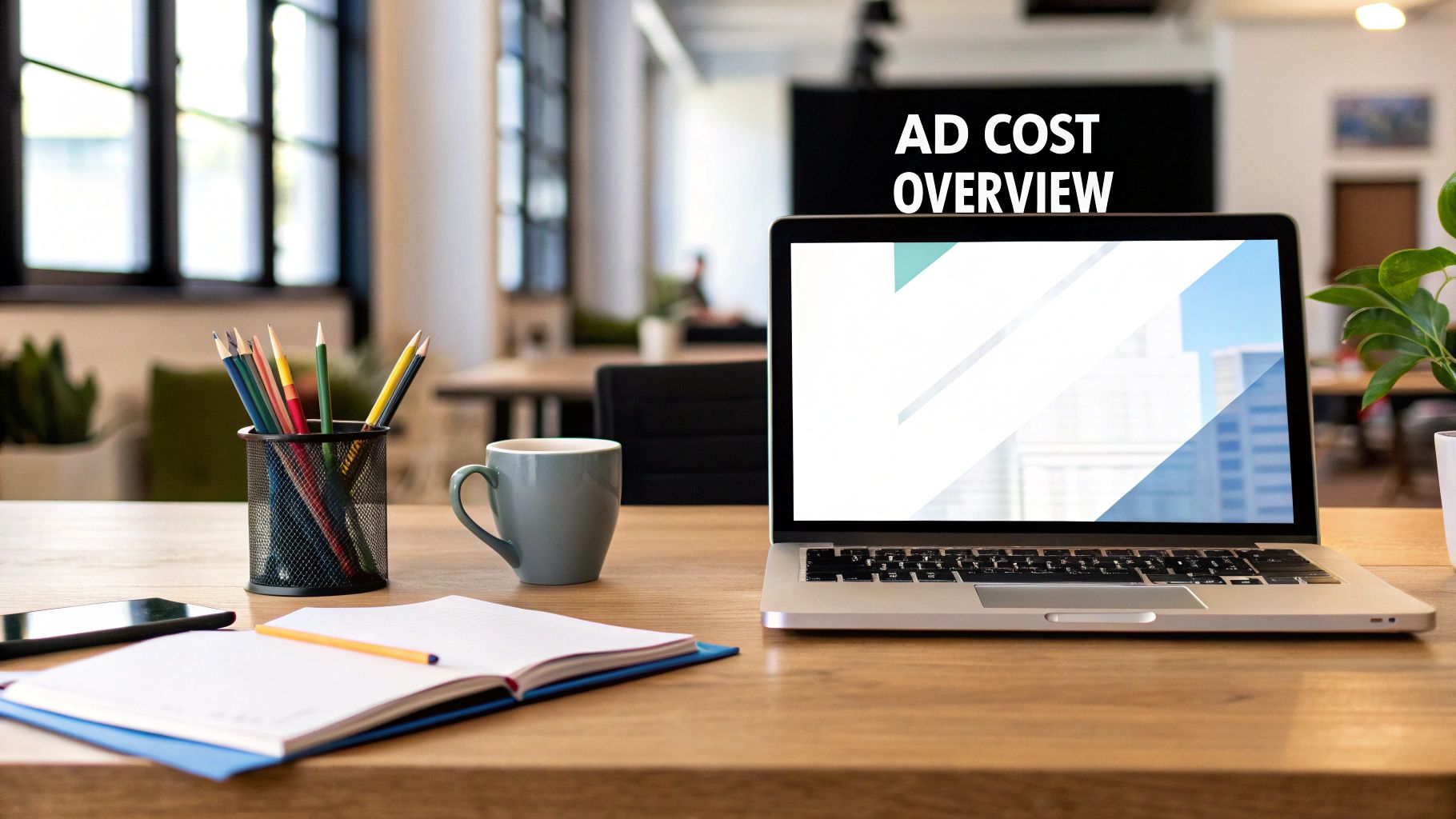 Ad Cost Overview – How Much Does a Google Ad Cost in the UK Laptop on desk with Ad Cost Overview slide, related to How Much Does a Google Ad Cost in the UK