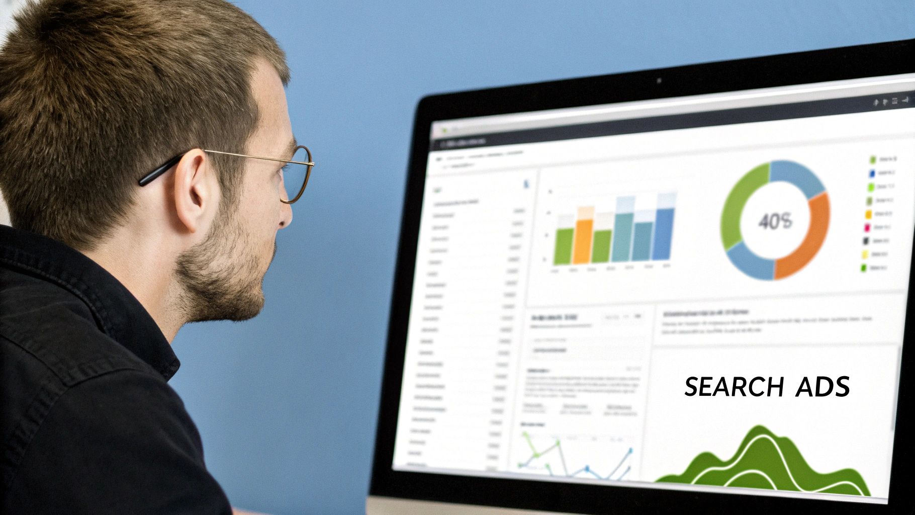 Man analysing Google Ads Campaign Types dashboard on desktop