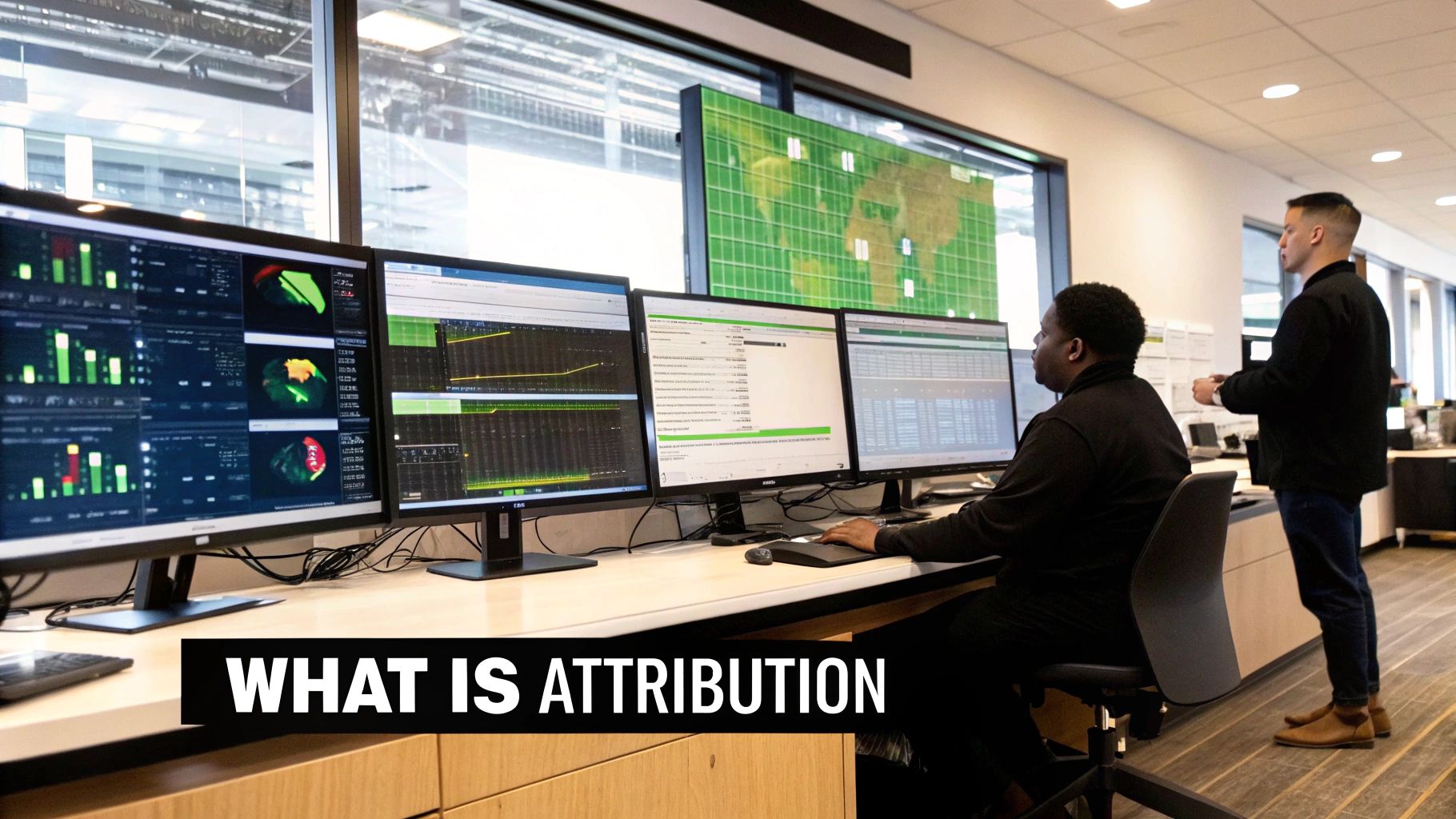Two professionals monitoring multiple data dashboards and a digital map on large computer screens, with the text "What Is Attribution" overlaid.


