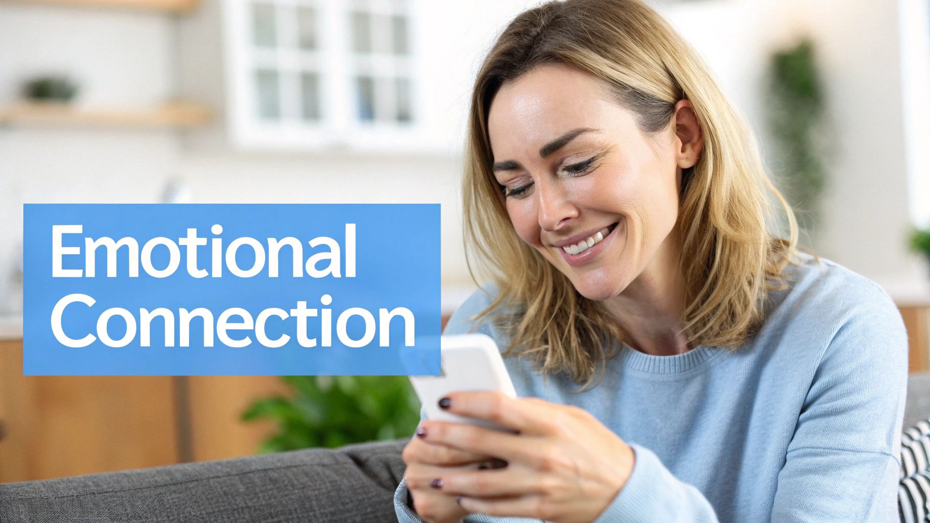 Woman smiling at smartphone demonstrating emotional connection in digital consumer marketing communication