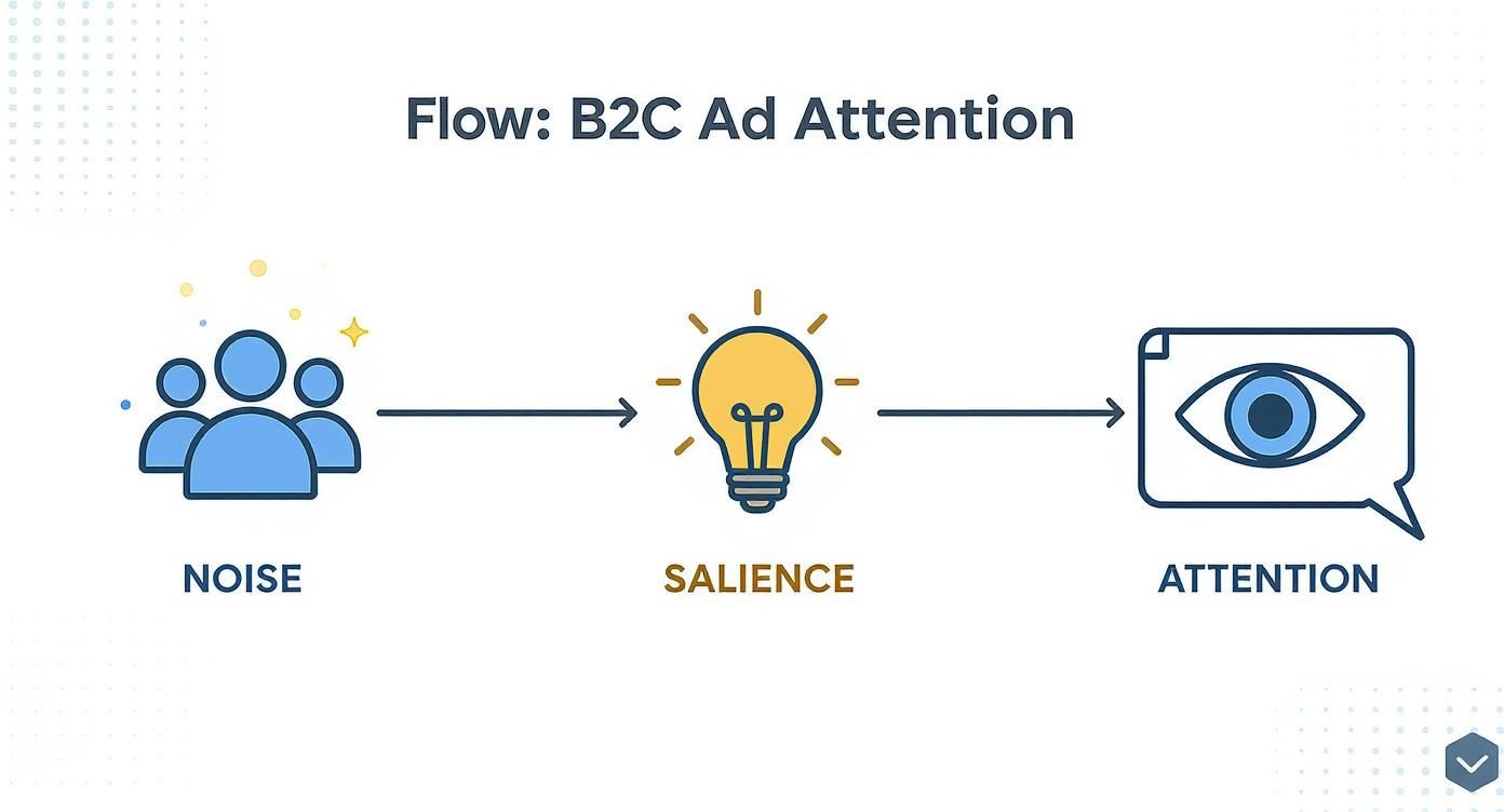 Flow diagram showing B2C ad attention process from noise through salience to attention with icons
