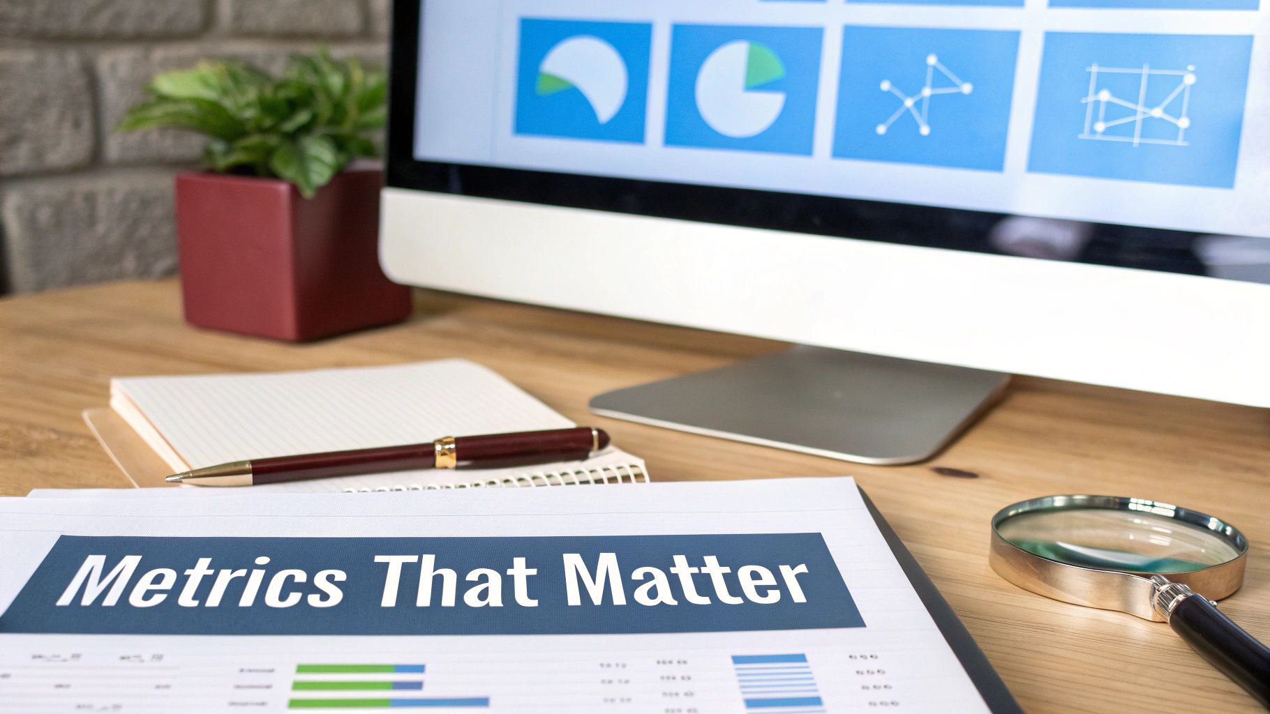 D2C PPC Advertising Key Metrics D2C PPC Advertising metrics that matter on a desk with charts and magnifying glass