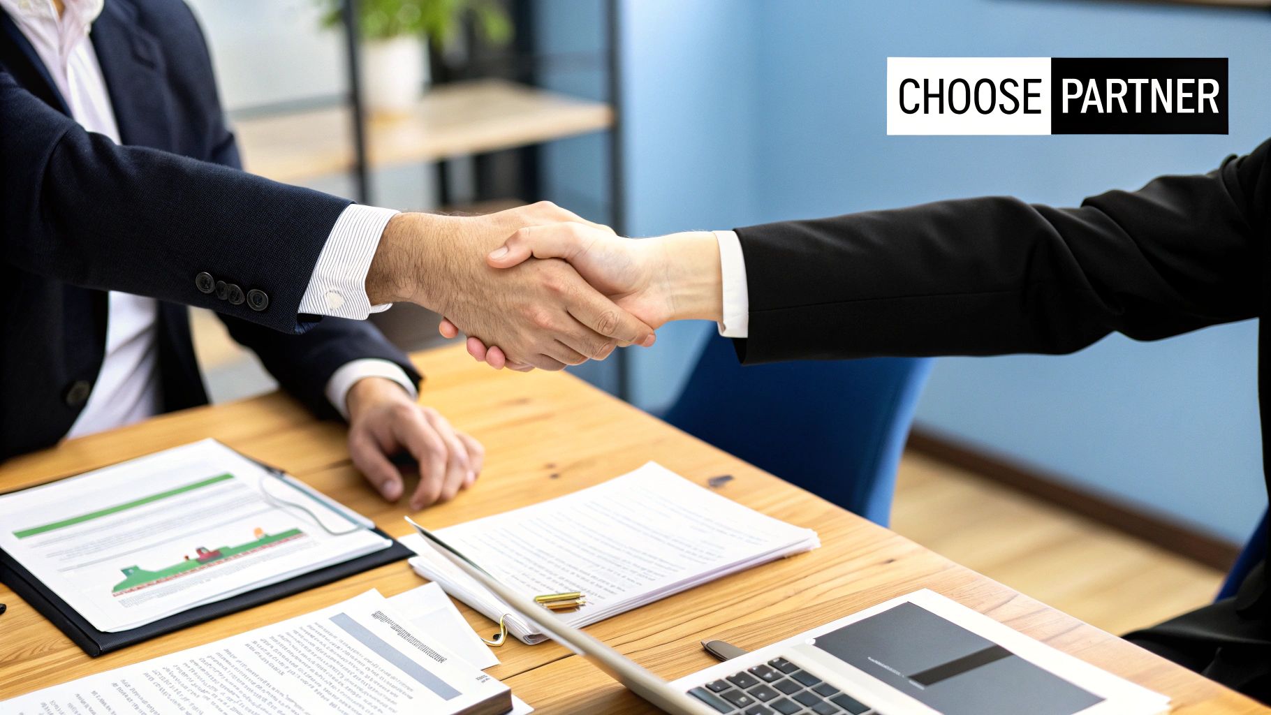 A person at a desk reviewing a checklist on a clipboard, representing the careful selection of a business agency.