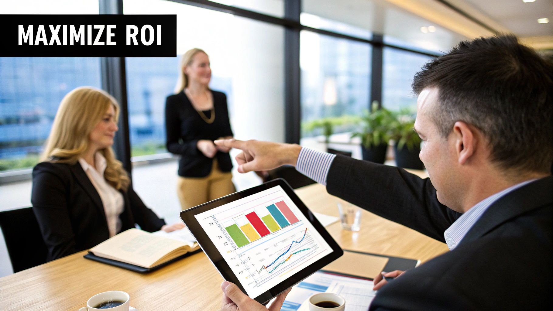 Maximise ROI – Optimising Google Ads Cost in the UK Team reviewing ROI metrics to improve Google Ads Cost in the UK efficiency