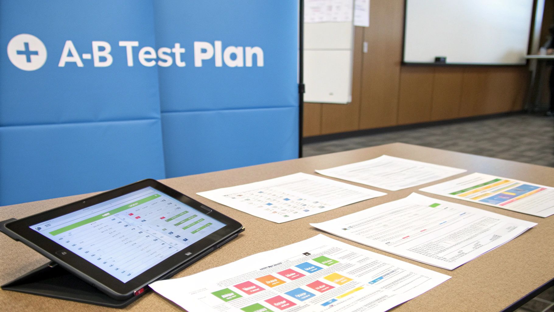 ChatGPT Ads Management A/B Testing ChatGPT Ads Management A B test planning with tablet and printed reports