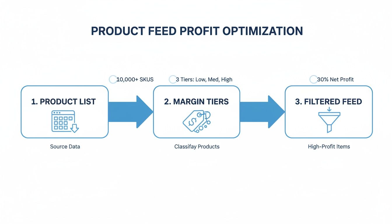 Google Shopping for Building Products Feed Profit Optimisation Google Shopping for Building Products product feed profit optimisation process flow with margin tiers and filtered feed
