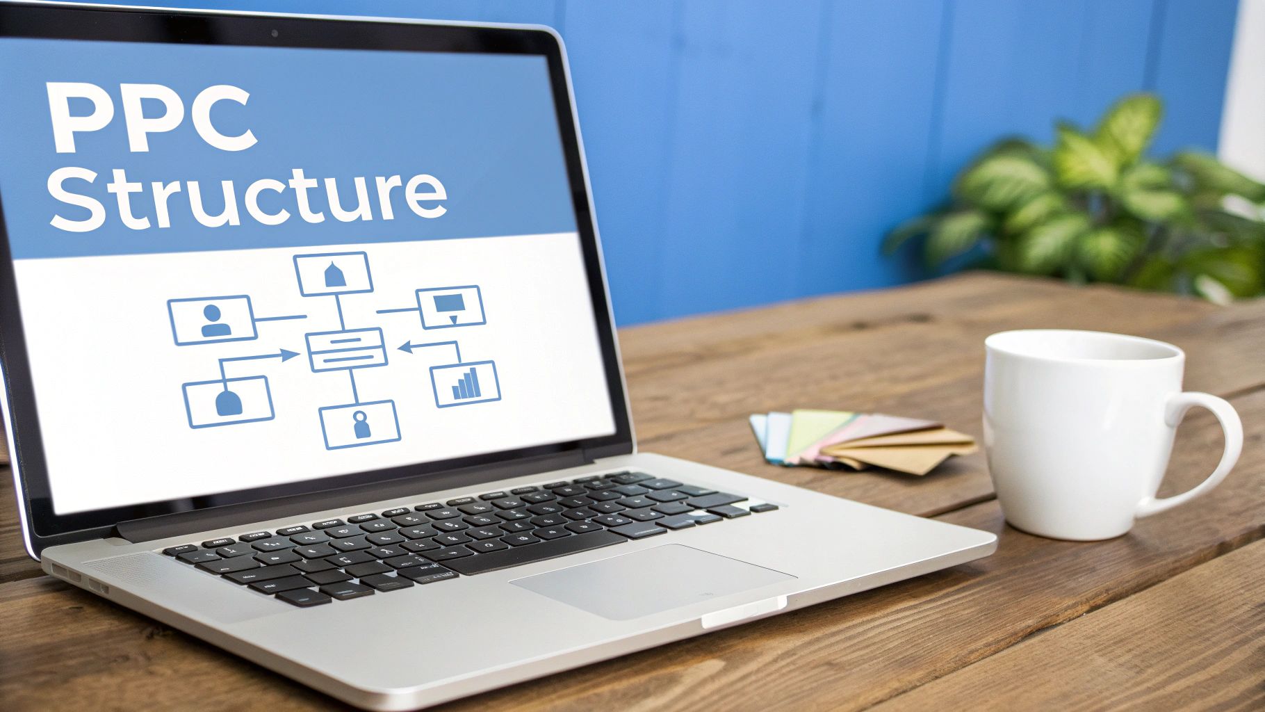 Start ChatGPT Ads PPC Structure Guide Start ChatGPT Ads PPC structure diagram displayed on a laptop during campaign planning