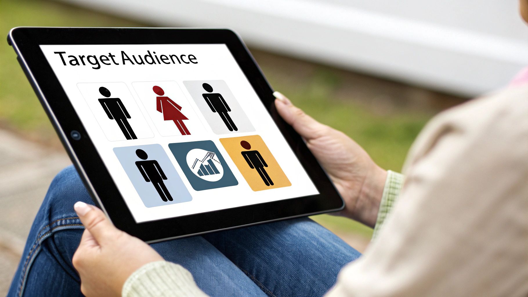 Tablet showing target audience segmentation for Google Ads vs Facebook Ads campaigns.
