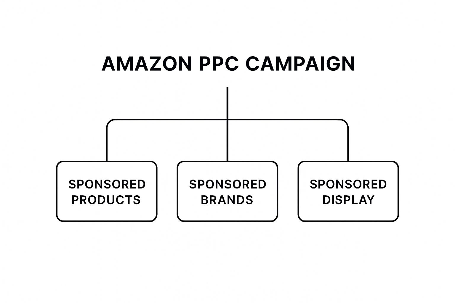 Amazon PPC campaign structure diagram showing Sponsored Products, Sponsored Brands, and Sponsored Display.