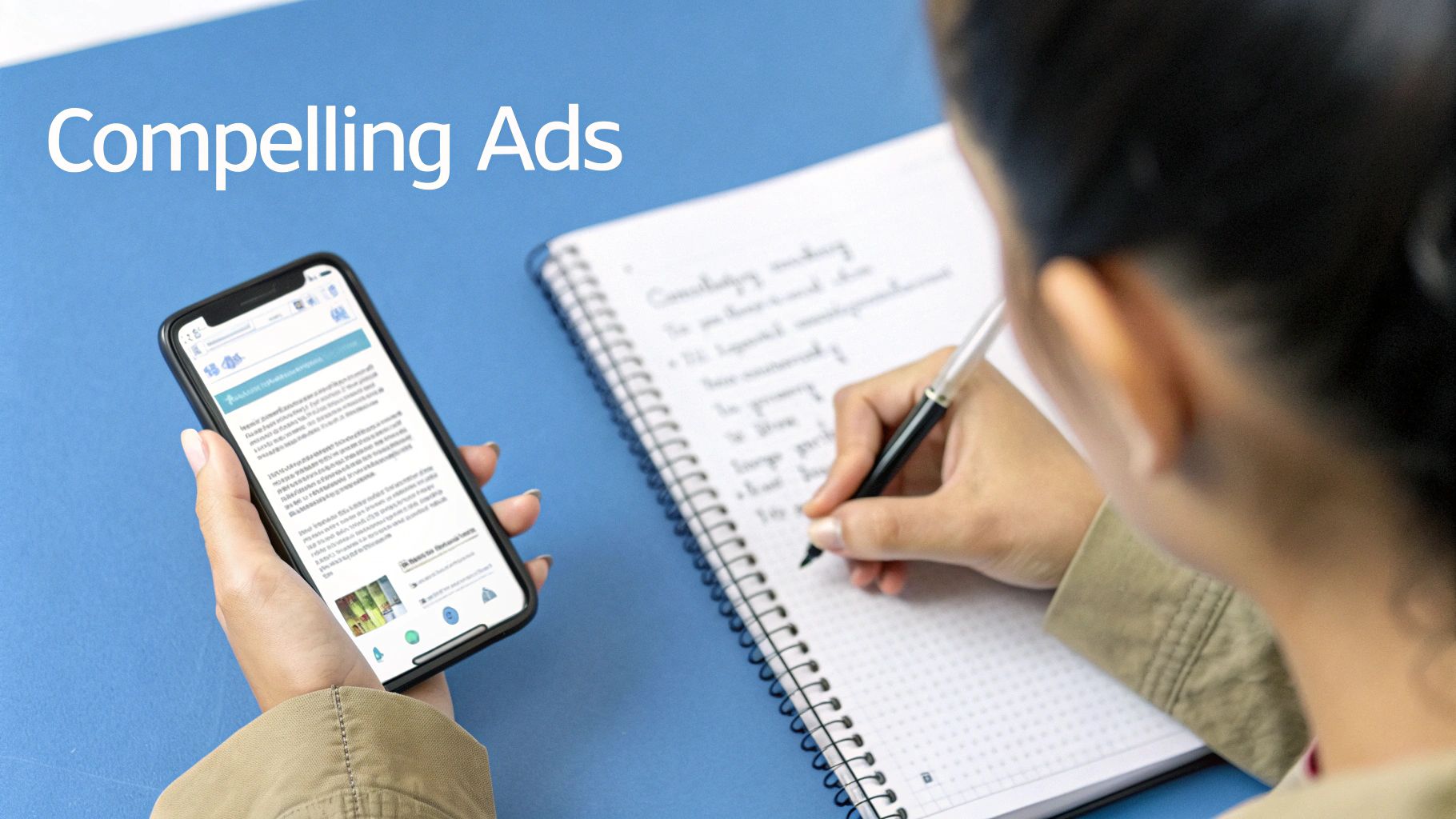 Creating Compelling B2C PPC Ads B2C PPC compelling ads being written while reviewing content on a smartphone