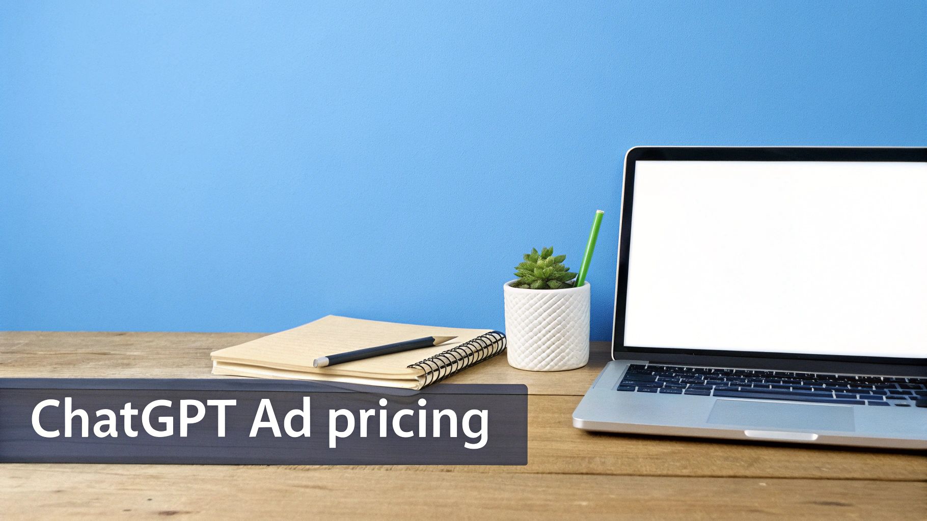 ChatGPT Ad Pricing Workspace Visual Workspace setup with laptop and notebook displaying ChatGPT Ad Pricing text