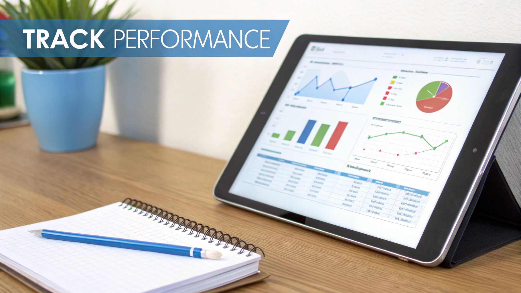 A tablet on a wooden desk displays performance charts and graphs next to a notebook.