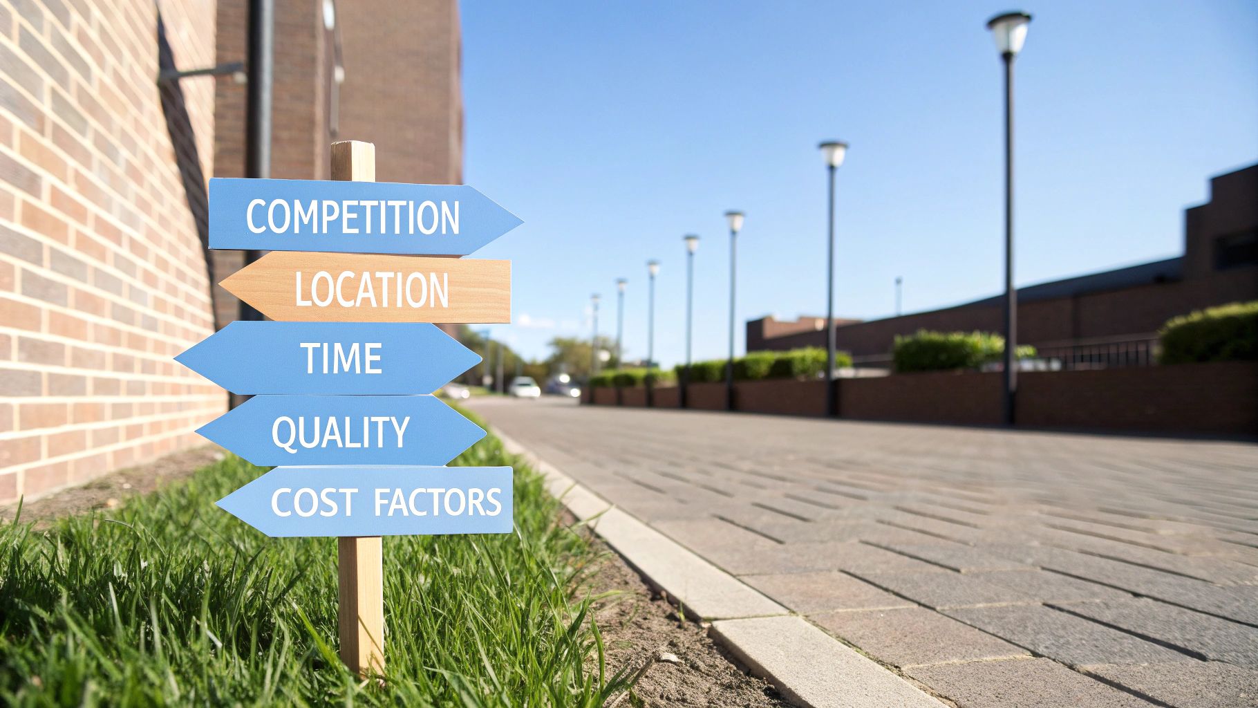 A signpost with blue and wooden arrow-shaped signs listing business factors: Competition, Location, Time, Quality, Cost Factors.