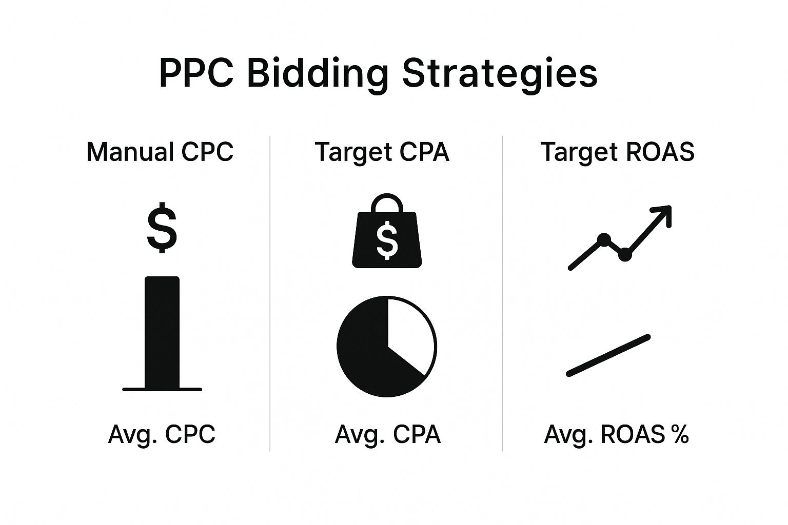 Visual comparison of PPC bidding strategies including CPC, CPA, and ROAS