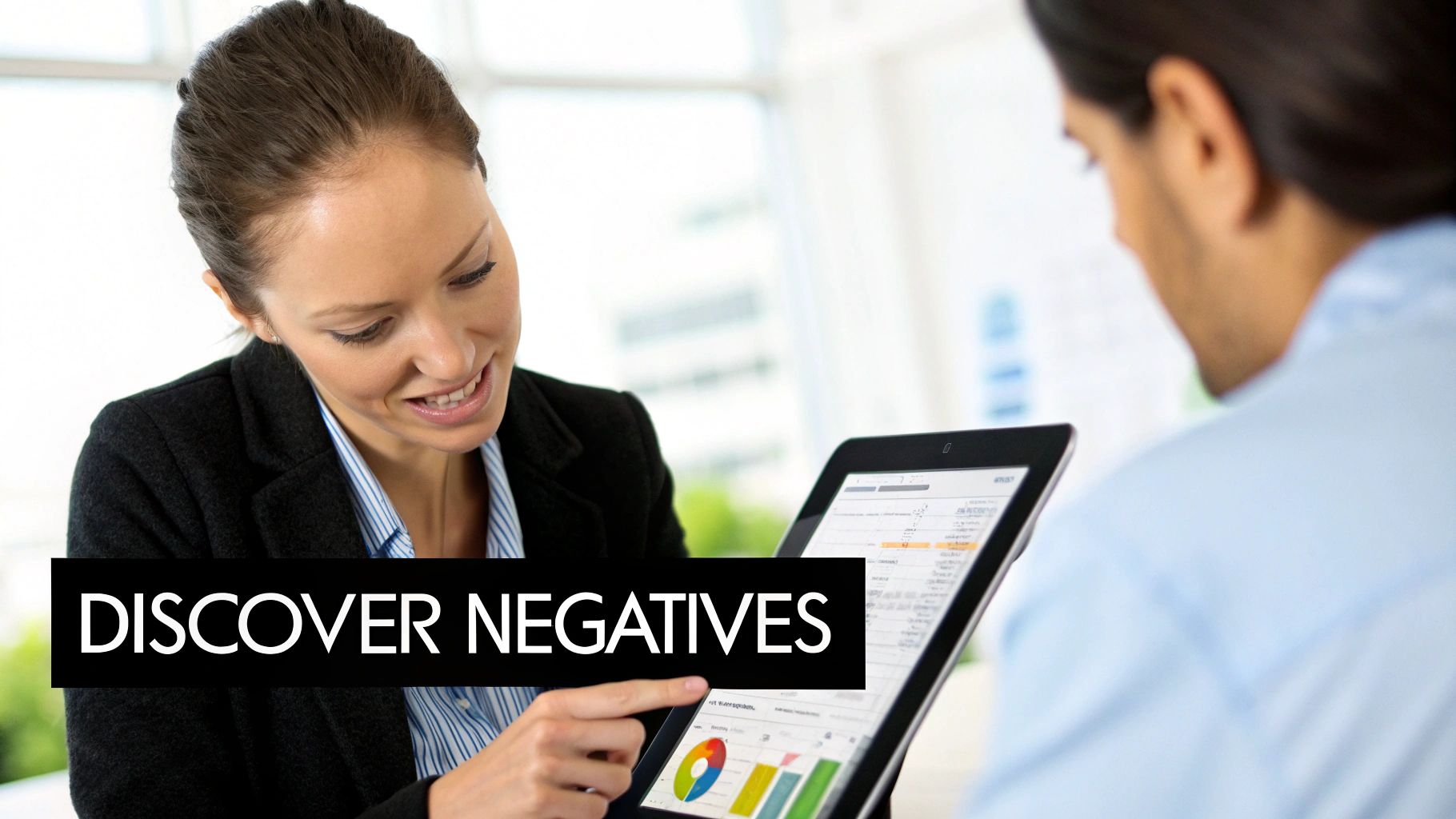Marketer reviewing Negative Keywords Google Ads data on a tablet to discover irrelevant search terms.