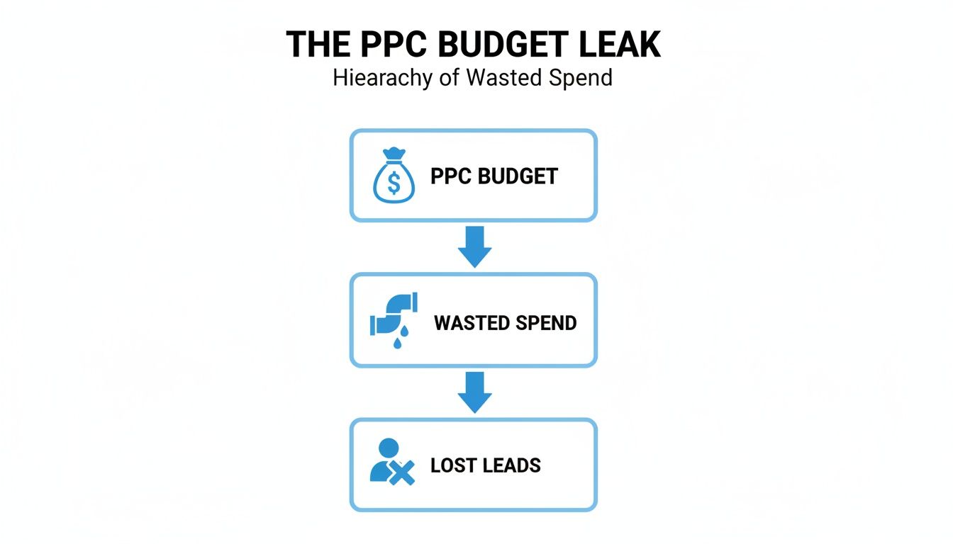 Flowchart illustrating PPC budget leak, showing how initial budget leads to wasted spend and lost leads.
