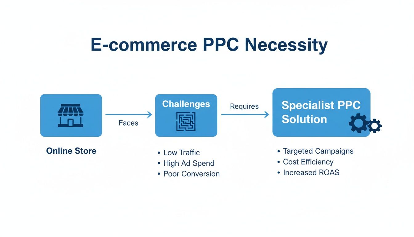 Guide to Ecommerce PPC Services – Why Ecommerce PPC Is Essential Guide to Ecommerce PPC Services explaining why online stores need specialist PPC to overcome low traffic, high ad spend and poor conversions