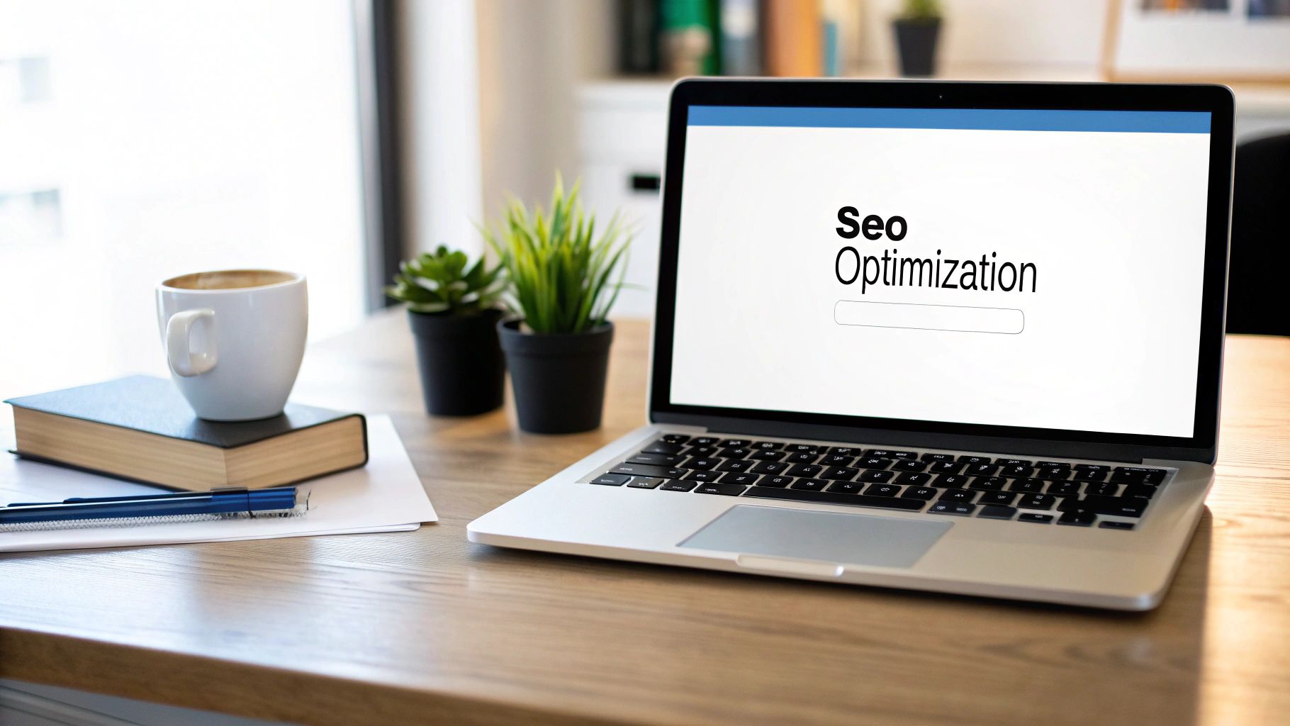 SEO Optimisation for How to Increase Traffic to Your Website SEO optimisation concept on laptop screen showing strategy for how to increase traffic to your website.